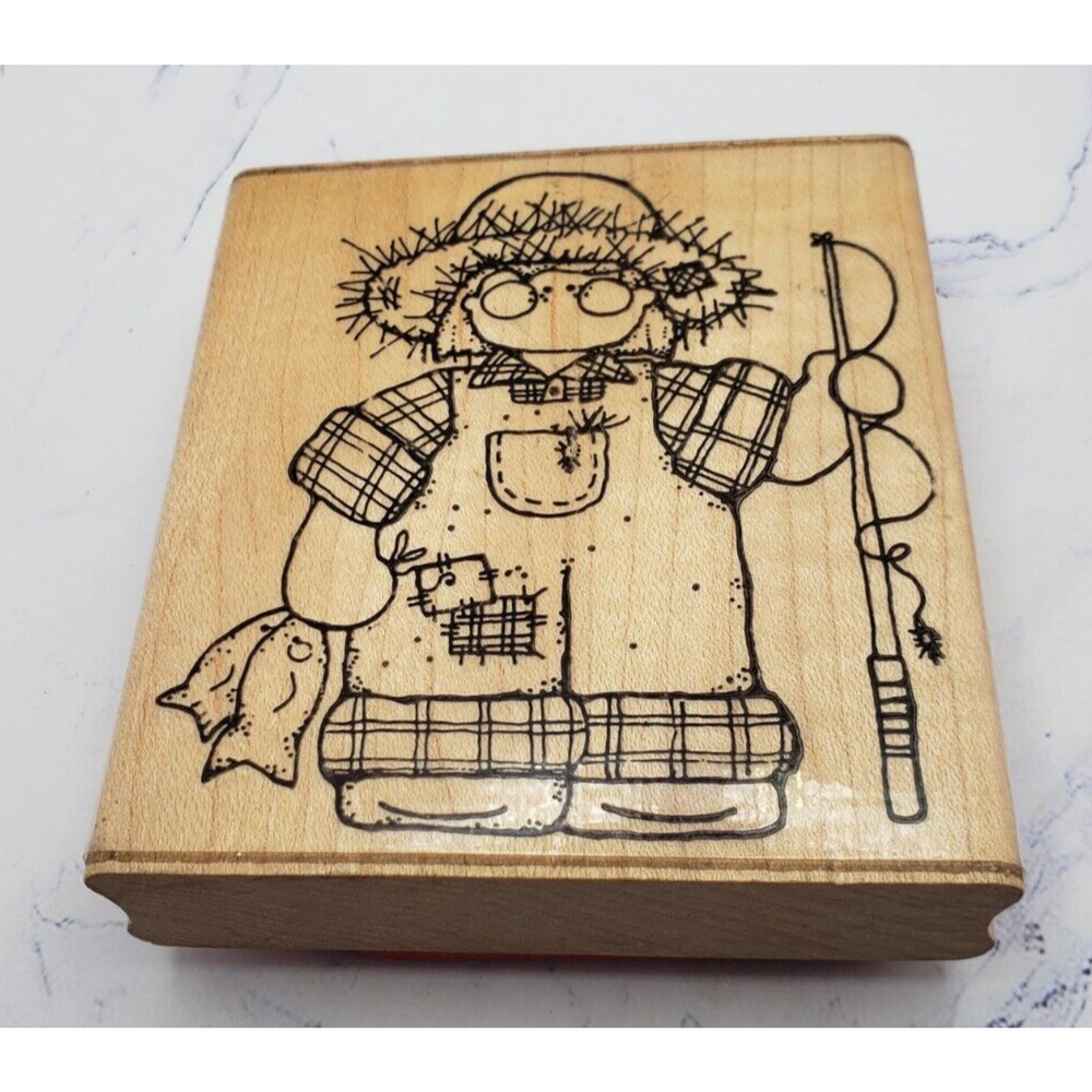 Child in Overalls With Fishing Pole Wood Mounted Rubber Stamp D.O.T.S Q207